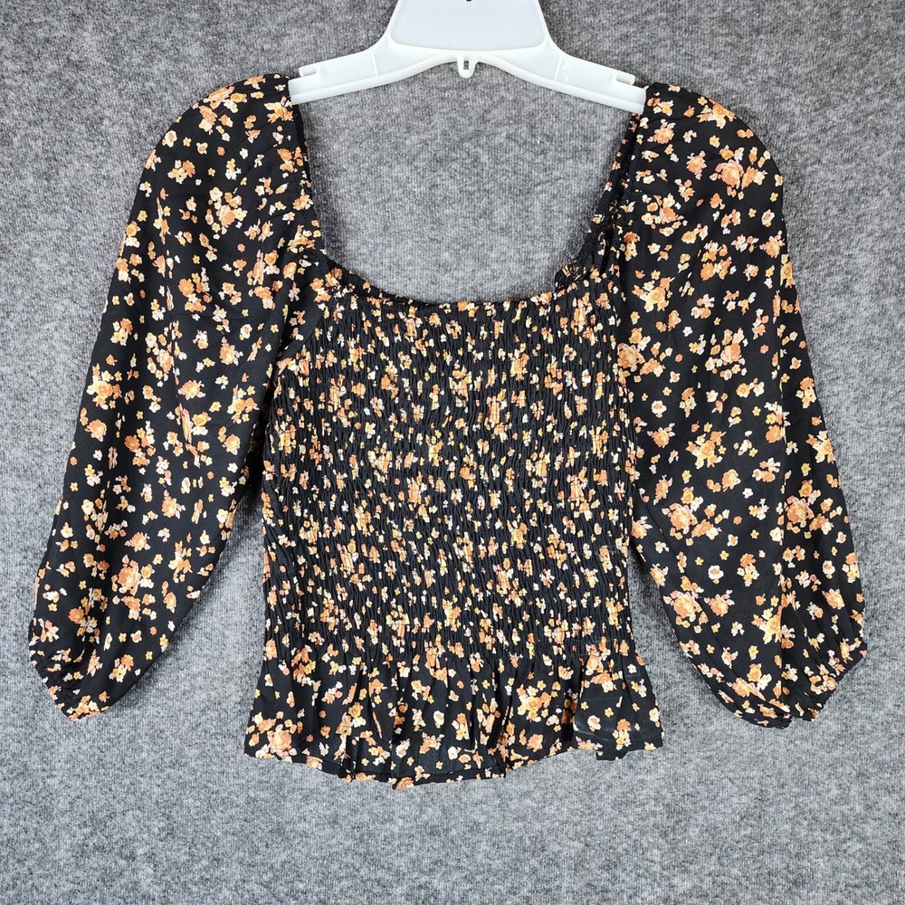 Paper Crane Top Womens XS C11431NT Black Floral Smocked Balloon Sleeve EUC